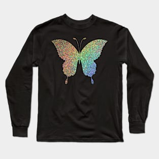 Holographic Rainbow Ombre Faux Glitter Butterfly Long Sleeve T-Shirt